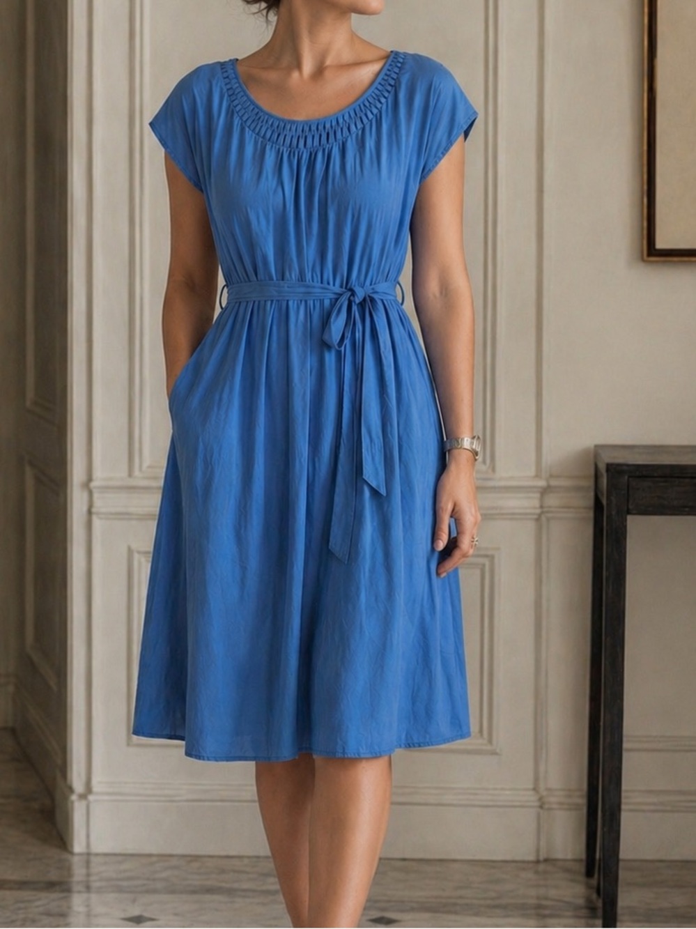Charlie Jade Blue Tie Waist Dress Size L Boho Flowy Lightweight 100% Silk